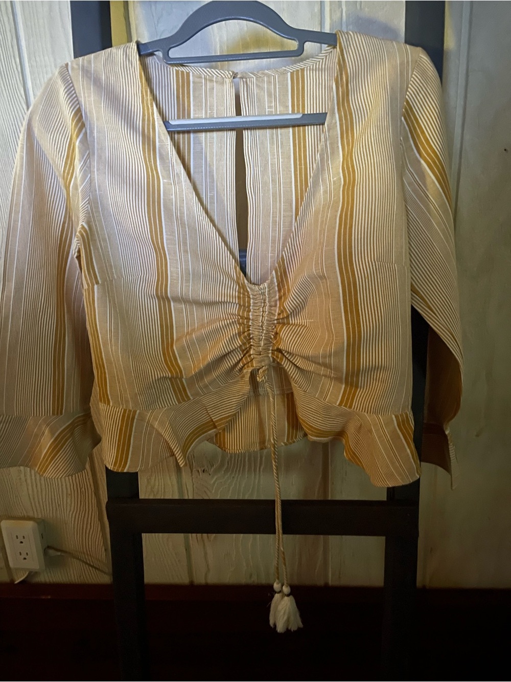 Free People Yellow and White Striped Drawstring Peplum Top